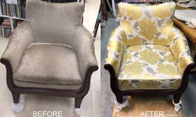 We gave this boring arm chair a fresh new French provincial look with a new floral fabric, changed the old foam to a brand new 4 inch quality foam, and added contrast piping.