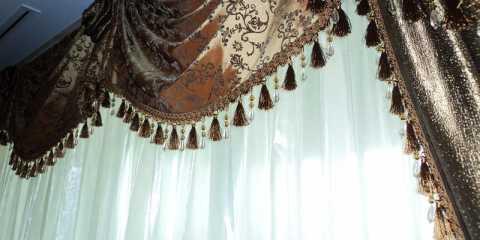 Brown pattern window treatments with sheer fabric