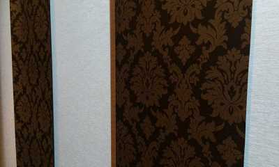 Closeup of modern brown pattern vertical blinds in Etobicoke