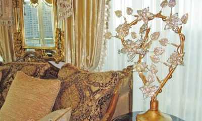 Custom silk curtains and matching Swarovski crystal lamp exclusively from Prestige Decor