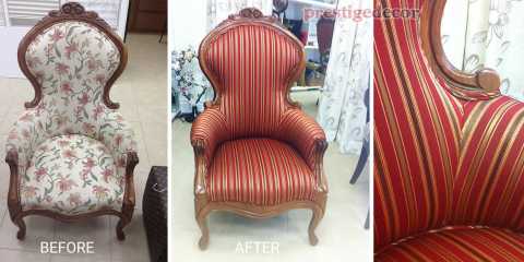 We added new foam, new fabric, new self piping on the bias and perfectly matched stripes in the corners to this traditional arm bergere chair.