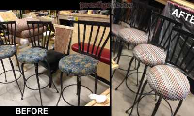 The pattern repeated fabric on these reupholstered bar stools give them a brand new custom look.