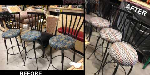 The pattern repeated fabric on these reupholstered bar stools give them a brand new custom look.