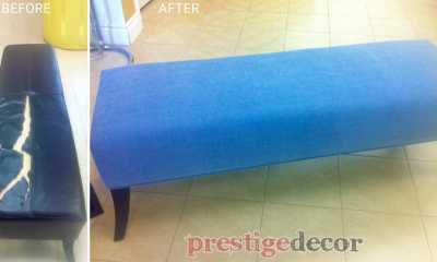 We changed the old, ripped leather foam on this bench with a new high quality foam and elegant blue fabric, giving it a totally new look.