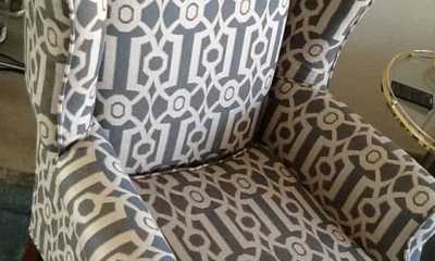 Modern geometrical print give a new look to this traditional wing chair.