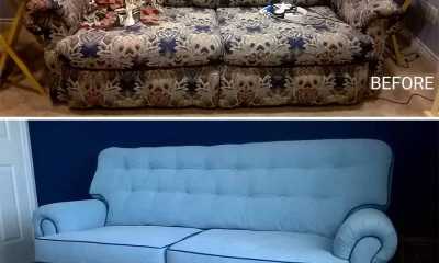 We changed this very traditional style sofa and made it contemporary/modern, used commercial fabric with buttons, and contrast piping.
