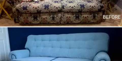 We changed this very traditional style sofa and made it contemporary/modern, used commercial fabric with buttons, and contrast piping.