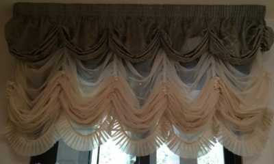 Very unique roman blinds - Austrian valance made with taffeta fabric is on the top of Austrian roman blinds made with sheer fabric. On the bottom of sheer blinds we add gathered sheer trims.