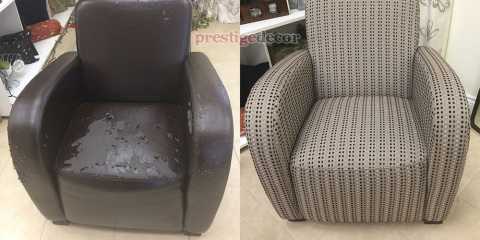 “Arm chair before and after re­upholstery