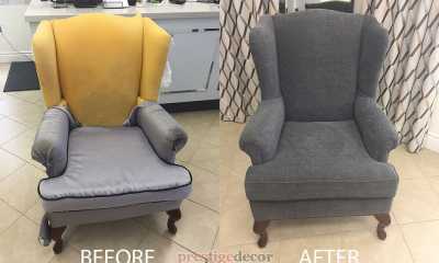 Wing back chair upholstery ­ Customer tried to do upholstery by herself. Fabric she used is not upholstery fabric. We use commercial grade fabric and give to this traditional chair cozy contemporary look