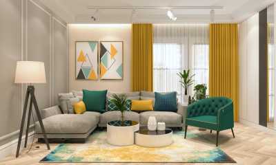 A modern living room with a large window, yellow curtains, and elegant sheers