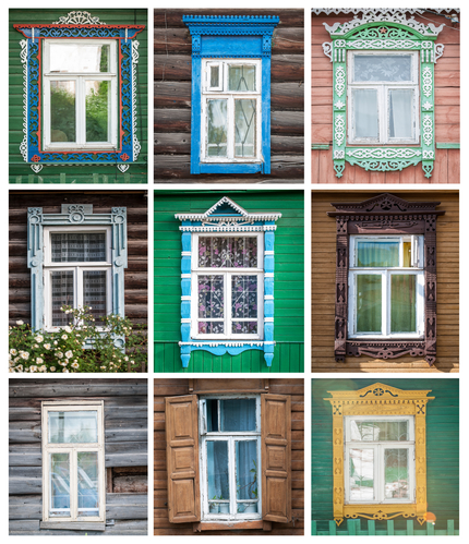 Collage made of different windows of traditional russian houses. All photos from Golden Ring towns in Russia.