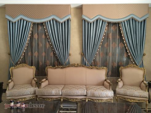 All designs of window coverings and furniture is made by/from Prestige Decor fabrics.