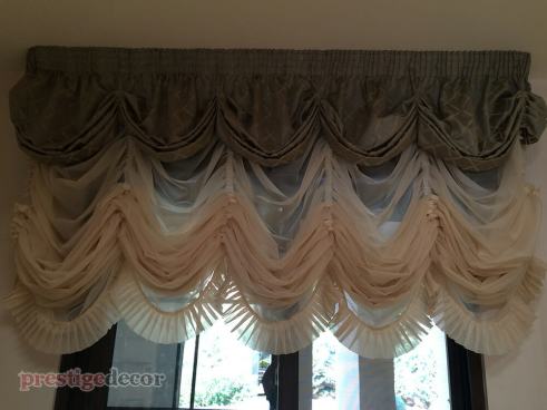 Very unique roman blinds - Austrian valance made with taffeta fabric is on the top of Austrian roman blinds made with sheer fabric. On the bottom of sheer blinds we add gathered sheer trims